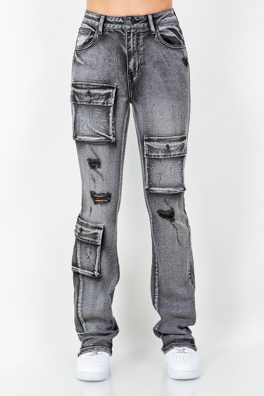 Distressed Multi Pocket Flare Jeans