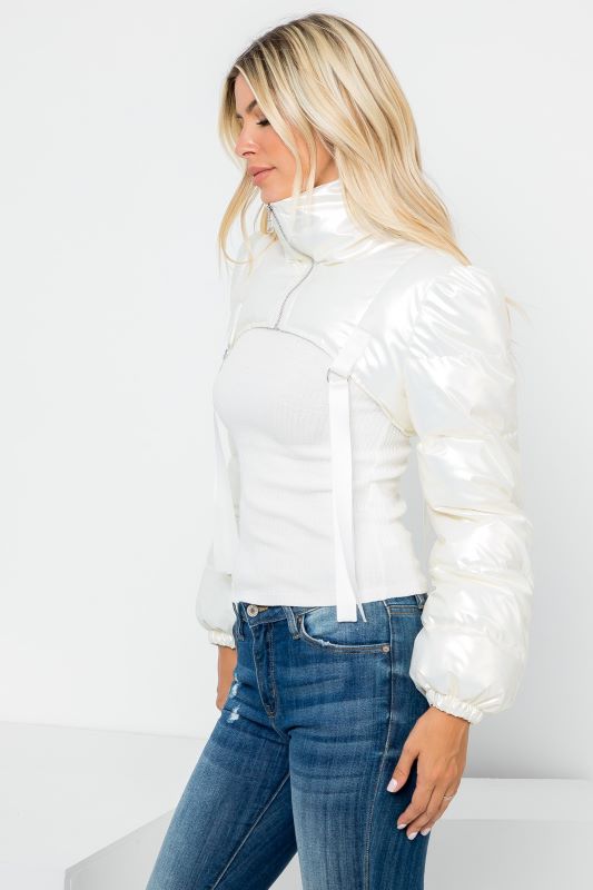 Metallic PU Micro Crop Shrug Puffer 26 INTERNATIONAL