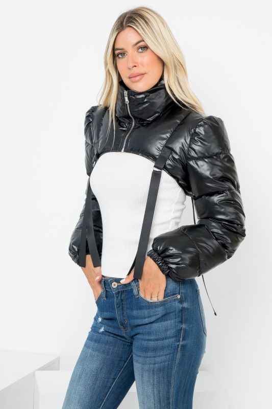 Metallic PU Micro Crop Shrug Puffer 26 INTERNATIONAL