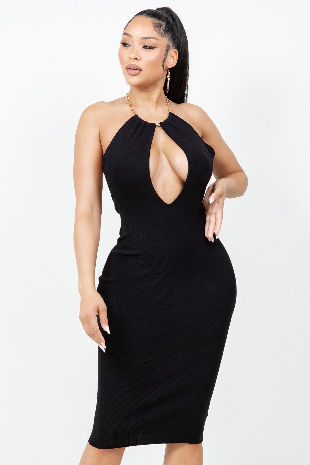 Midi Dress with Chain Necklace and Open Back