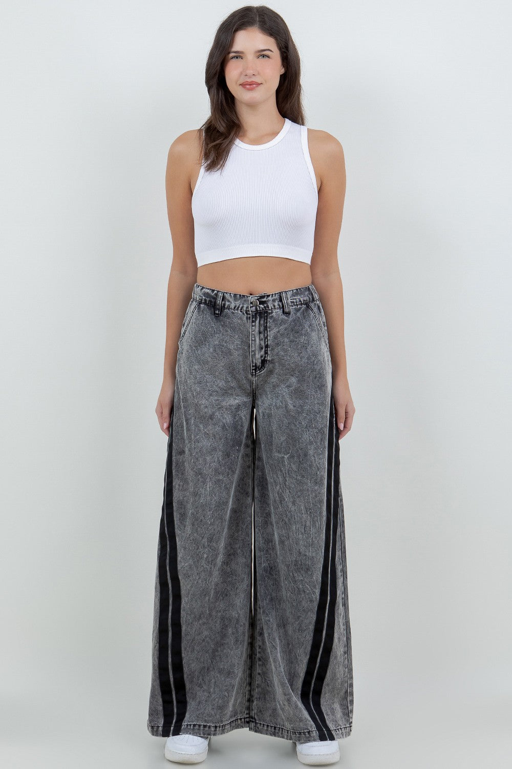 Acid Washed Pull On Wide Jeans