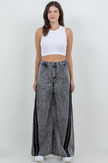 Acid Washed Pull On Wide Jeans