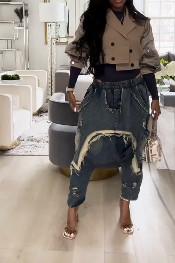 Trendy Distressed Denim Harem Pants