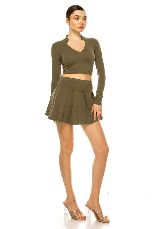 Pleated Skirt Set with Long Sleeve Top FASHION LOVE