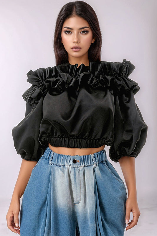 Half Sleeve Off Shoulder Ruffle Crop Blouse