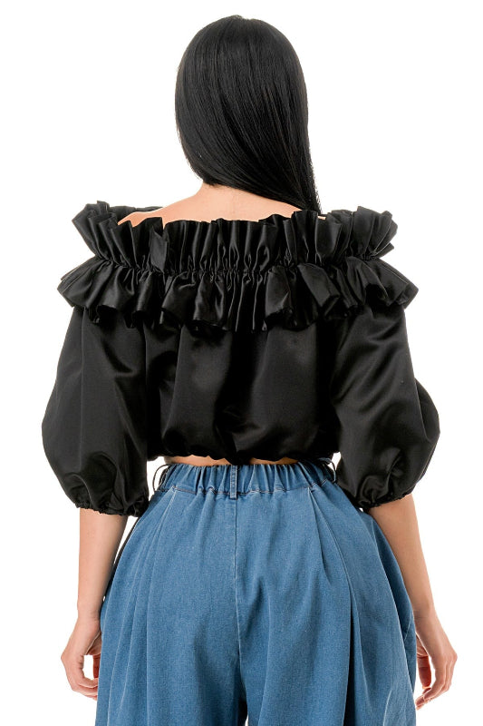 Half Sleeve Off Shoulder Ruffle Crop Blouse