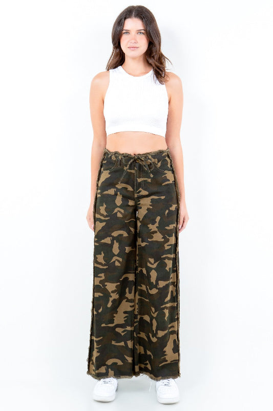 Camouflage Frayed Edge Wide Leg Pants