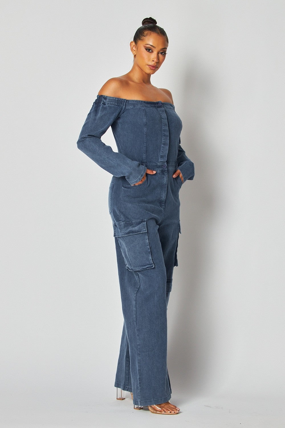 Off Shoulder Denim Cargo Jumpsuit