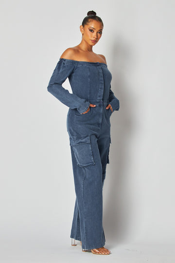 Off Shoulder Denim Cargo Jumpsuit