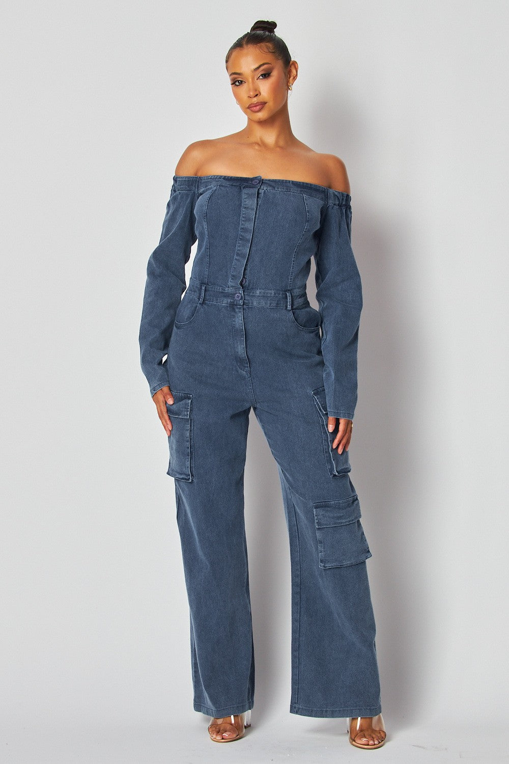 Off Shoulder Denim Cargo Jumpsuit