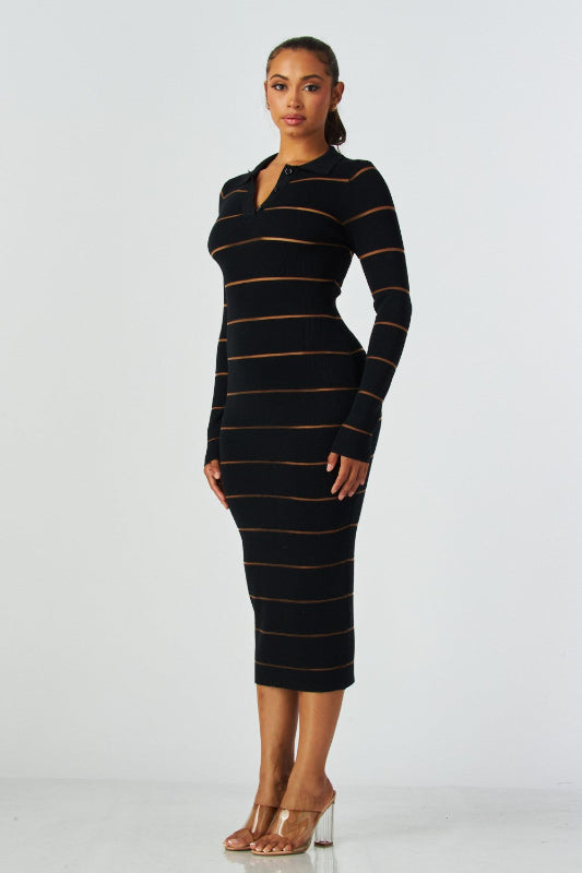Stripe Long Sleeve Dress with Collar