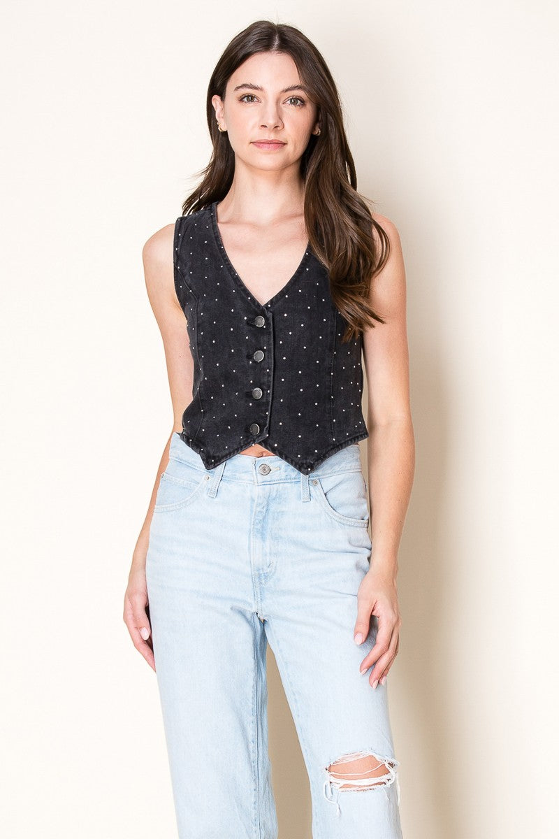 Faded Washed Denim Vest with Rhinestone
