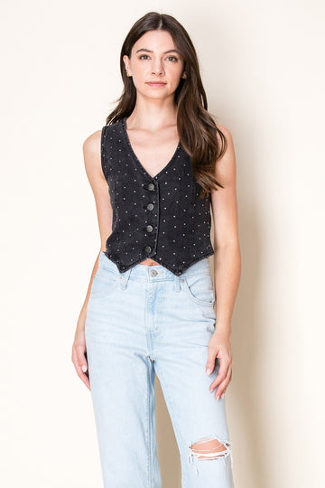 Faded Washed Denim Vest with Rhinestone