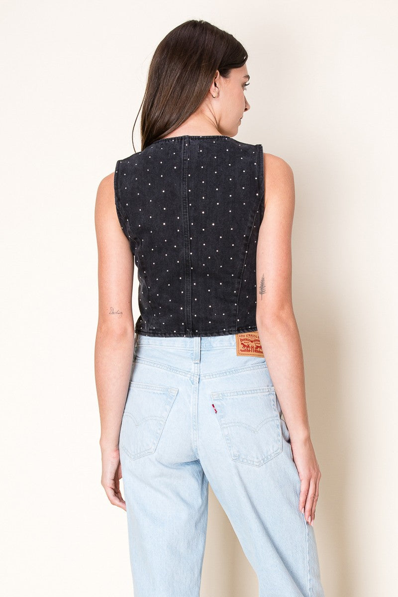 Faded Washed Denim Vest with Rhinestone
