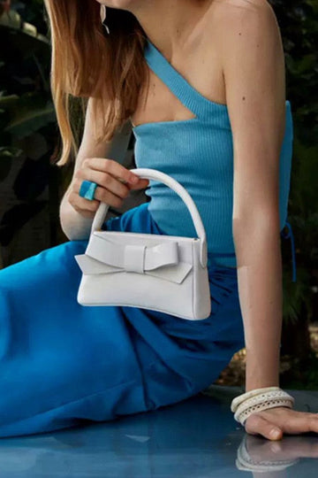 Leather Ribbon Top Handle Clutch