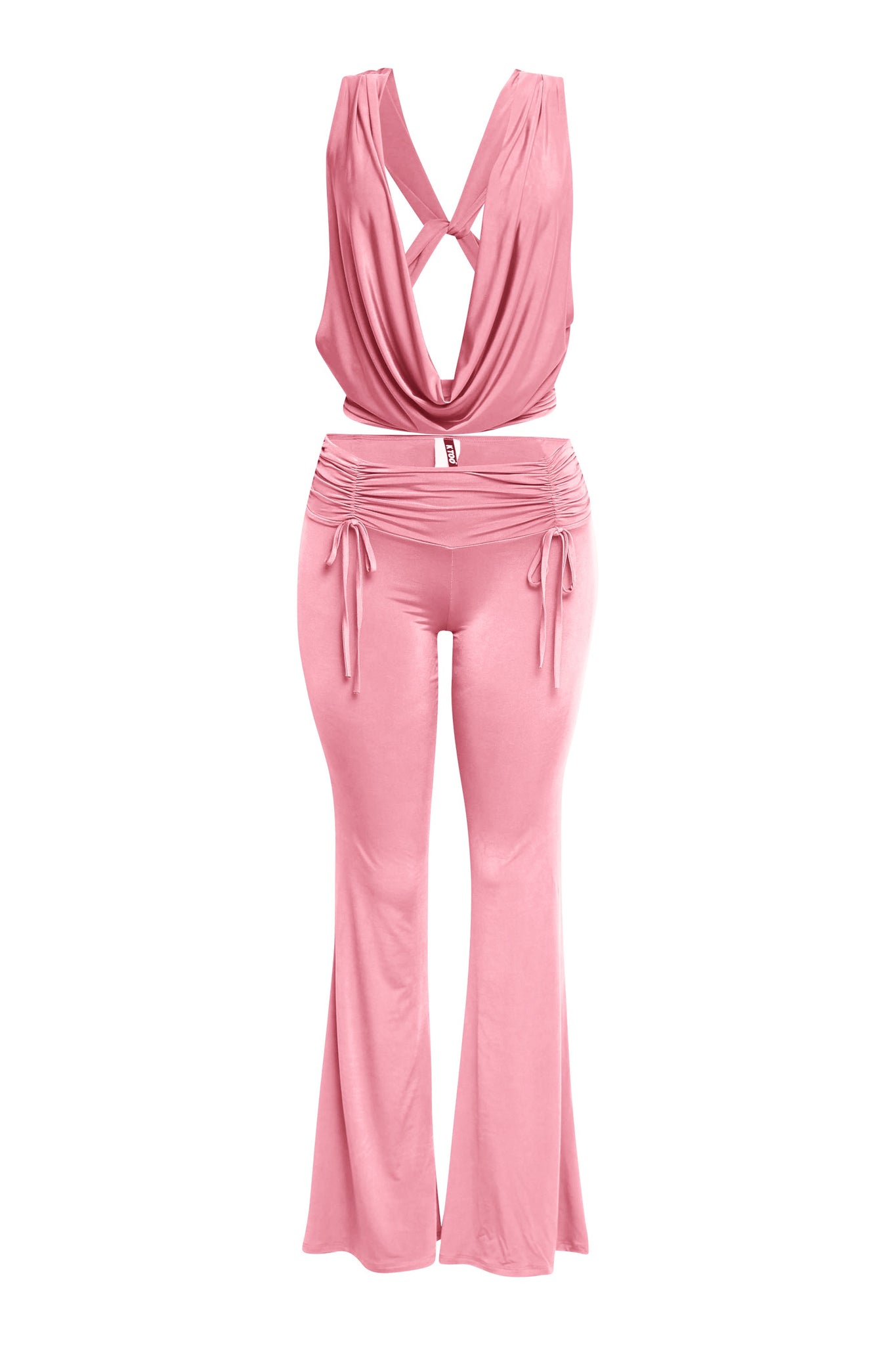 Deep Cowl Neck Top And Flare Pants Set
