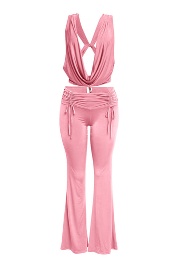 Deep Cowl Neck Top And Flare Pants Set