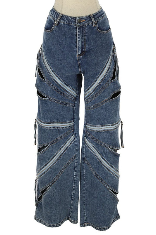 Zipper Design Wide Leg Jeans