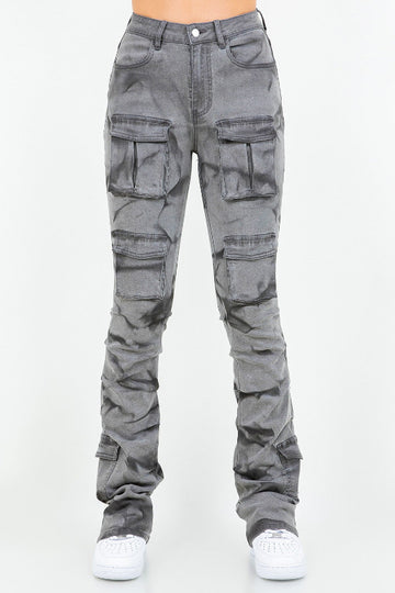 Multiple Pockets Slim Stacked Pants