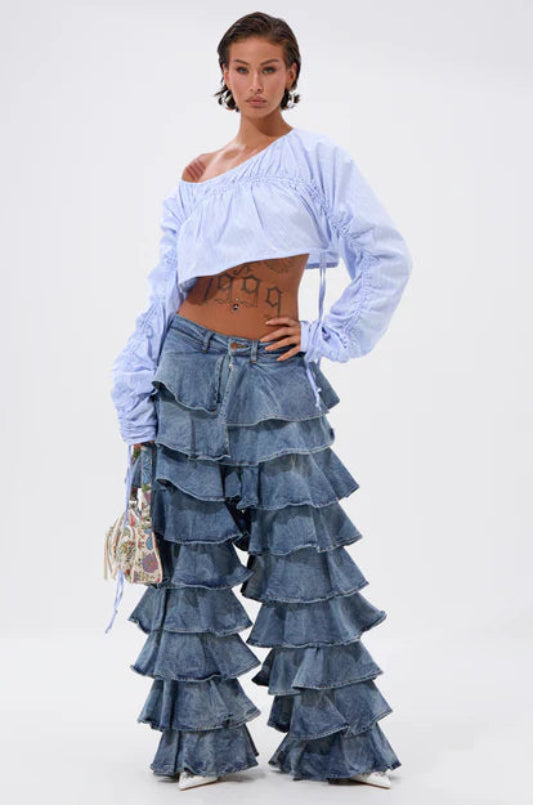 High Waist Wide Leg Layered Ruffles Pants