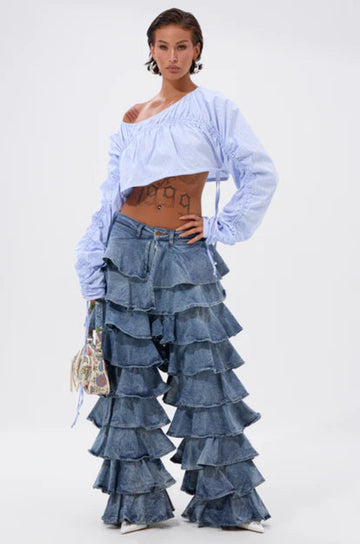 High Waist Wide Leg Layered Ruffles Pants