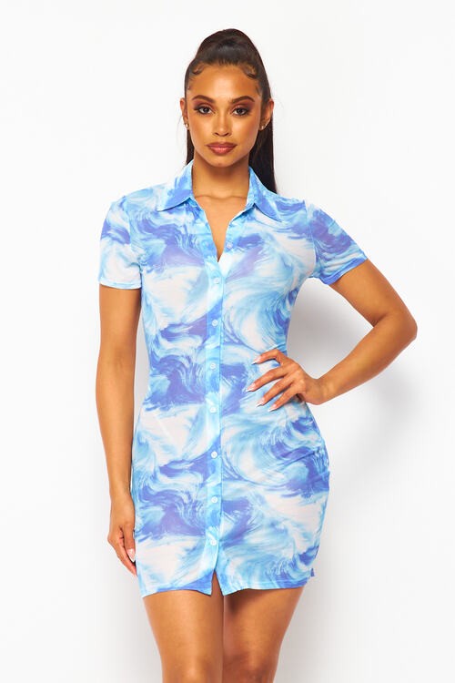 Printed Button Up Collared Dress