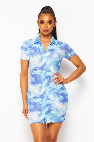 Printed Button Up Collared Dress