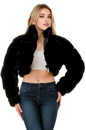 Cropped Puffer Faux Fur Jacket With Hoodie