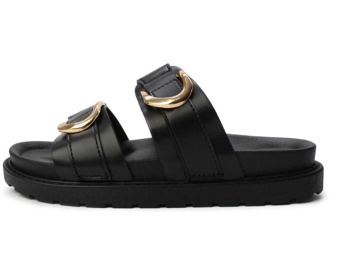 Double Strap Slide with Gold Buckle