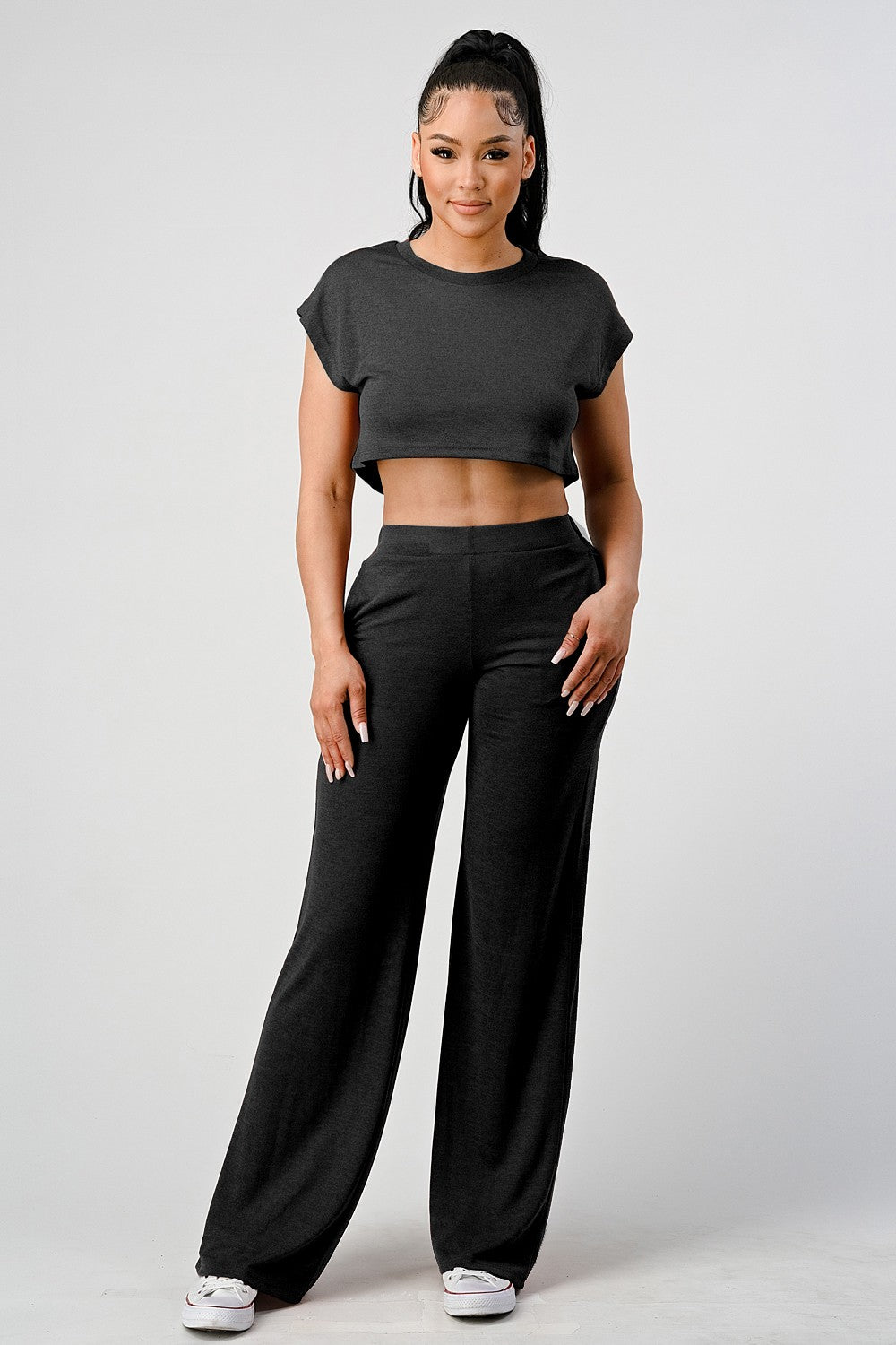 Short Sleeve Crop Top and Wide Leg Pant Set DAISY
