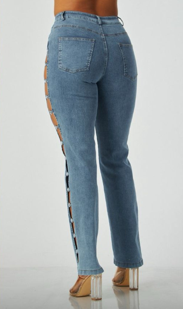 Side Jewl Open Denim Pants