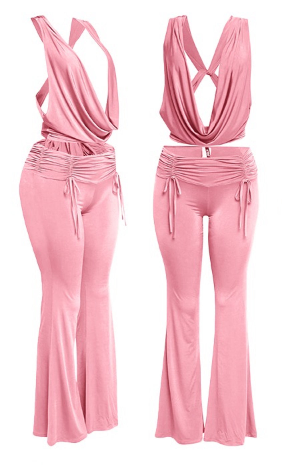 Deep Cowl Neck Top And Flare Pants Set