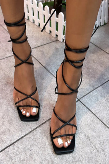 Strappy Lace Up Square Toed Heel