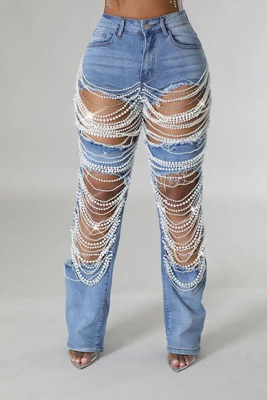 Pearl Detailed Denim Jeans HOT & DELICIOUS