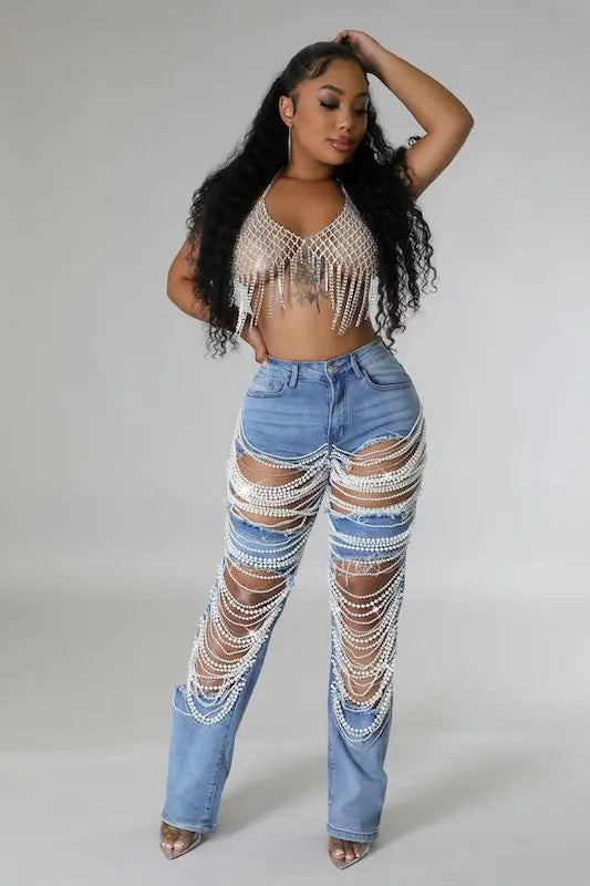 Pearl Detailed Denim Jeans HOT & DELICIOUS