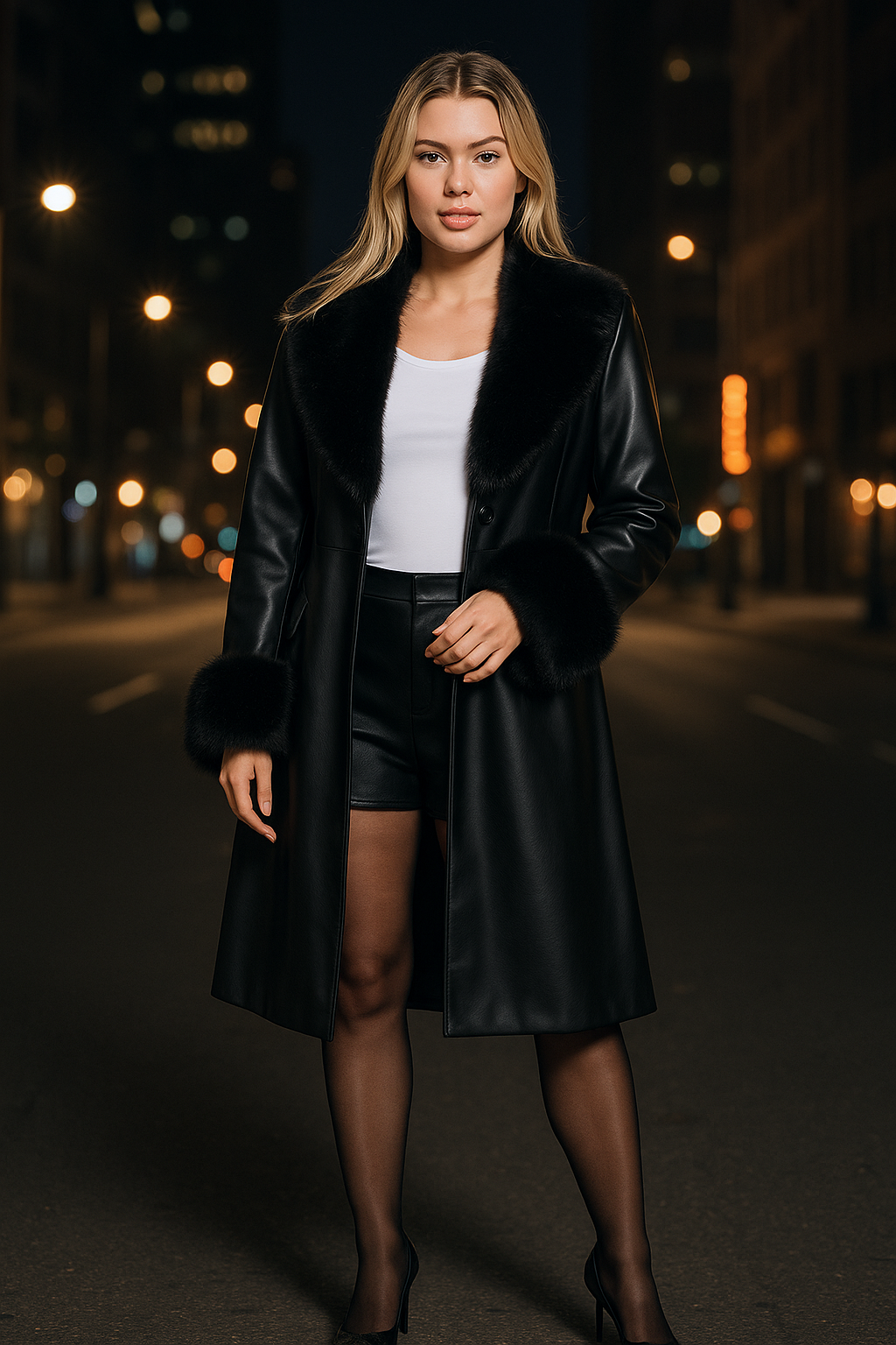Soft Vegan Leather Coat with Rabbit Fur