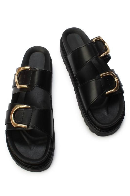Double Strap Slide with Gold Buckle