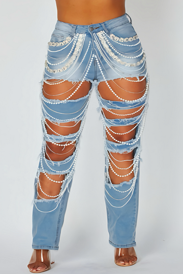 Pearl Detailed Denim Pants