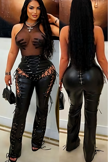 Lace Up PU Leather Pants with Chic High Waist