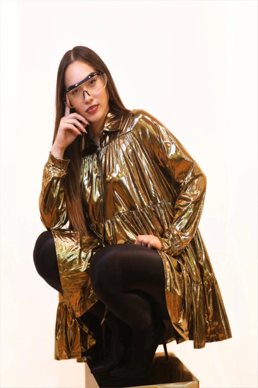 Long Sleeve Button Babydoll Foil Dress