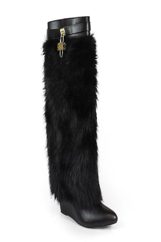 Fur Fold Over With Buckle Wedge Boots