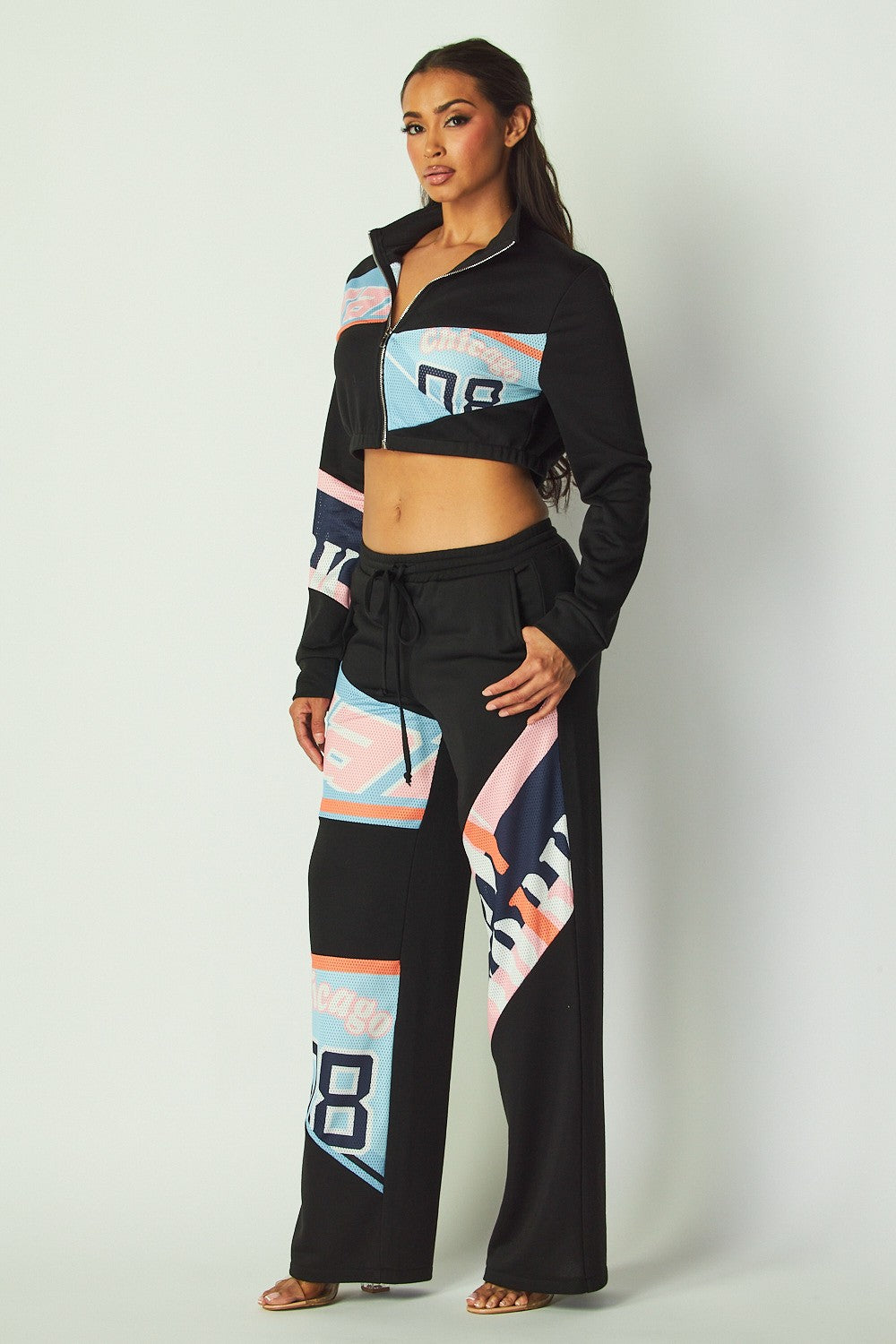 Race Patch Cropped Jacket & Pants Set – Bold Racing-Inspired Outfit