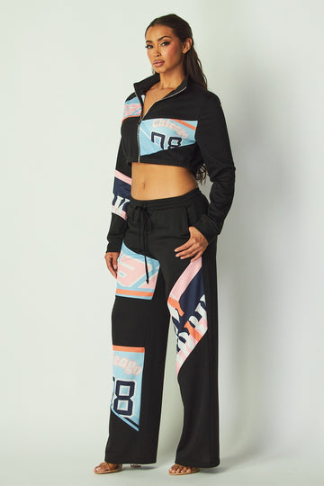Race Patch Cropped Jacket & Pants Set – Bold Racing-Inspired Outfit