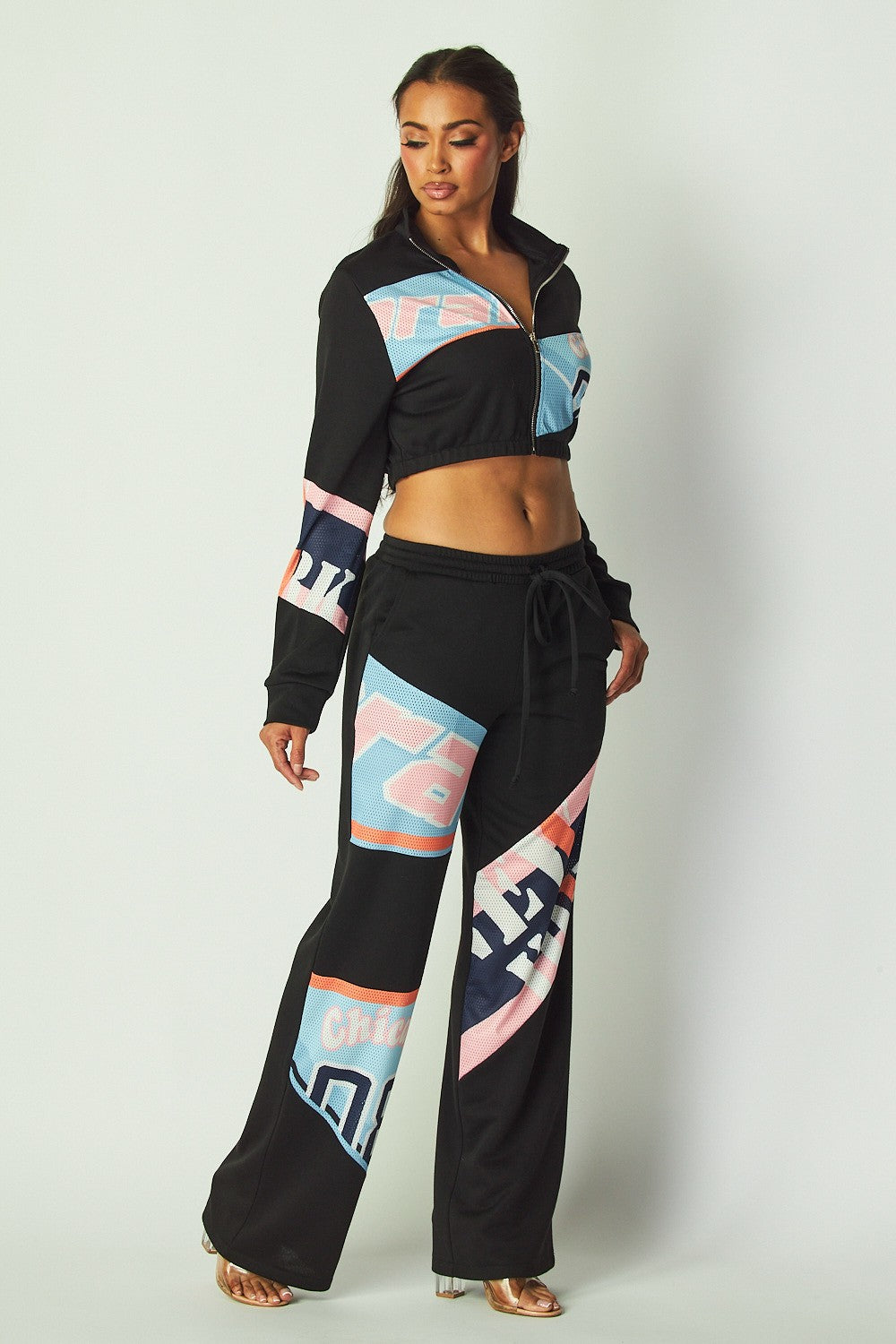 Race Patch Cropped Jacket & Pants Set – Bold Racing-Inspired Outfit