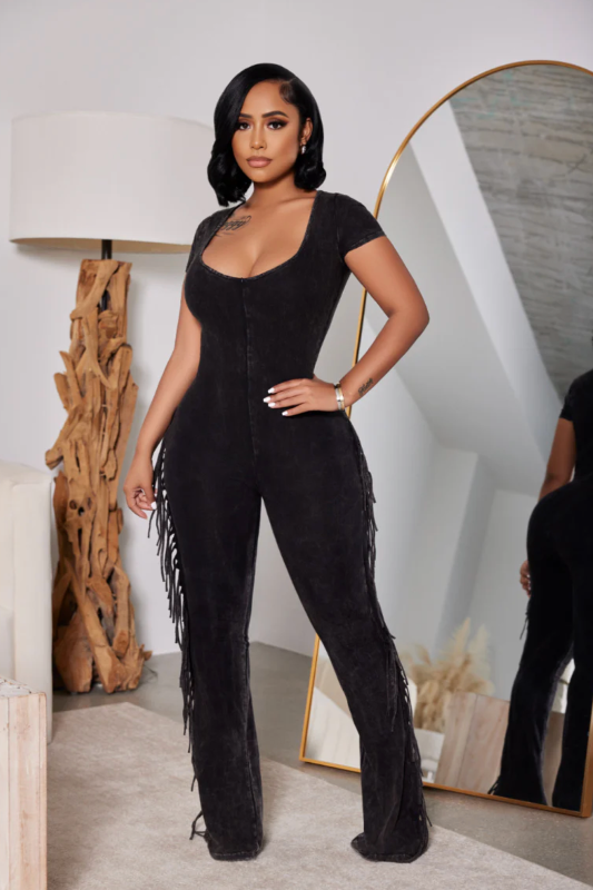 Acid Wash Fringe Jumpsuit K TOO