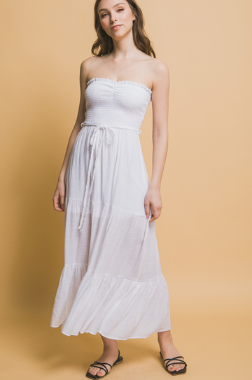 Strapless Smocked Tiered Maxi Dress with Adjustable Waist Tie