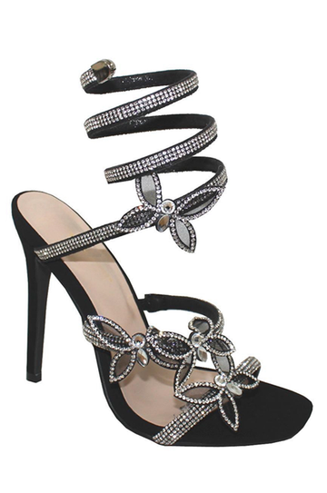 Elegant Wrap-Around Ankle Heel with Gemstone & Butterfly Accents