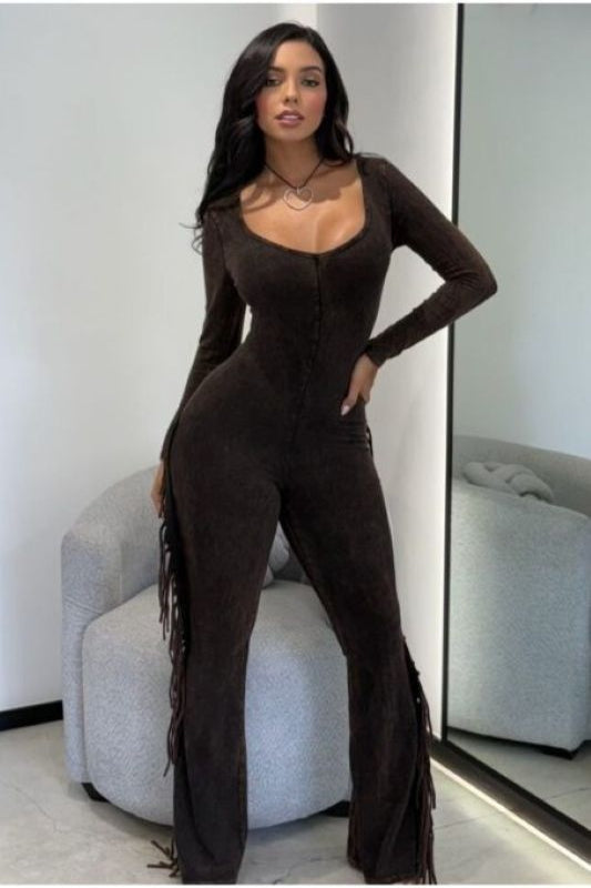 Long Sleeve Mineral Washed Fringed Jumpsuit