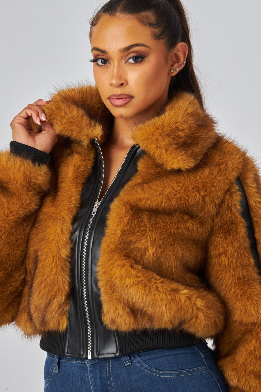 Pu Contrast Faux Fur Bomber Jacket