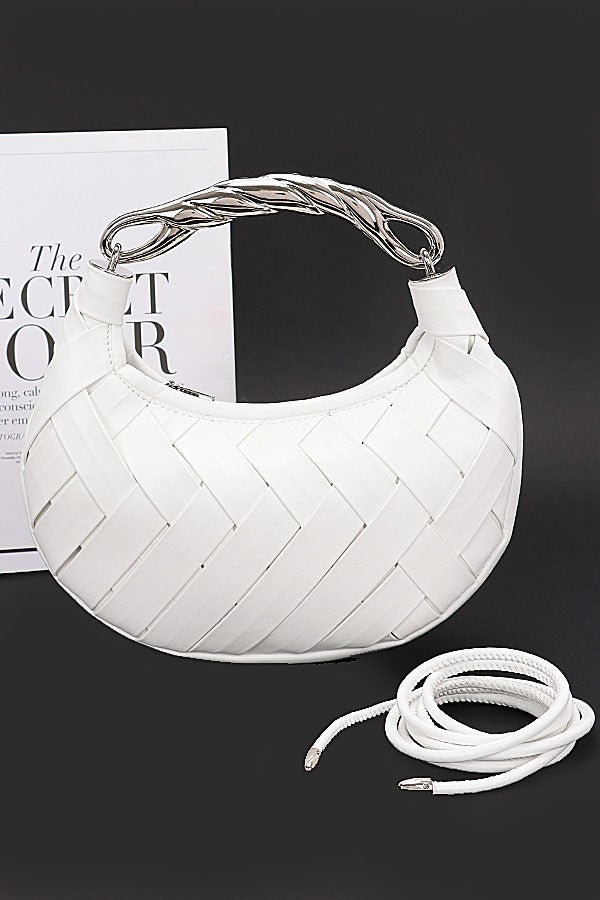 Faux Leather Braided Metal Handle Clutch